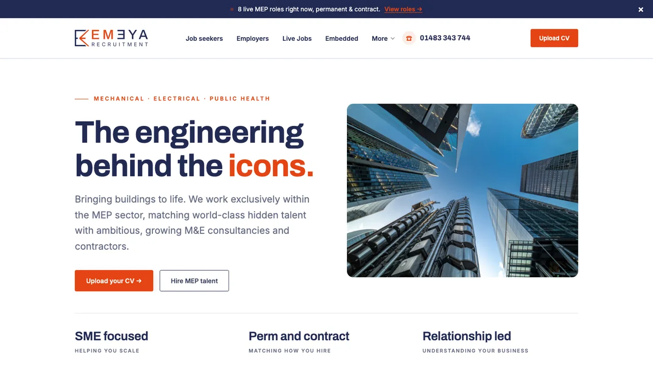 The Emeya Recruitment home page, an MEP building-services recruitment site, built by Traction Tactics