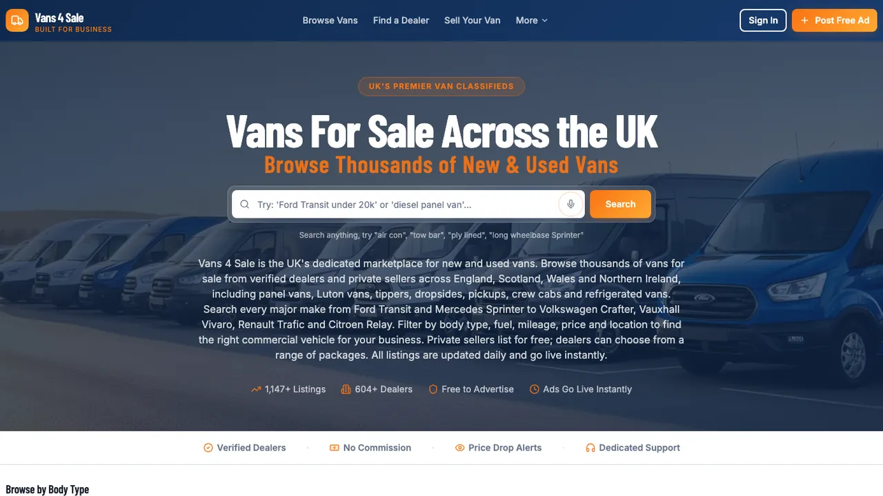 The Vans 4 Sale marketplace, a commercial-vehicle listings site, built by Traction Tactics